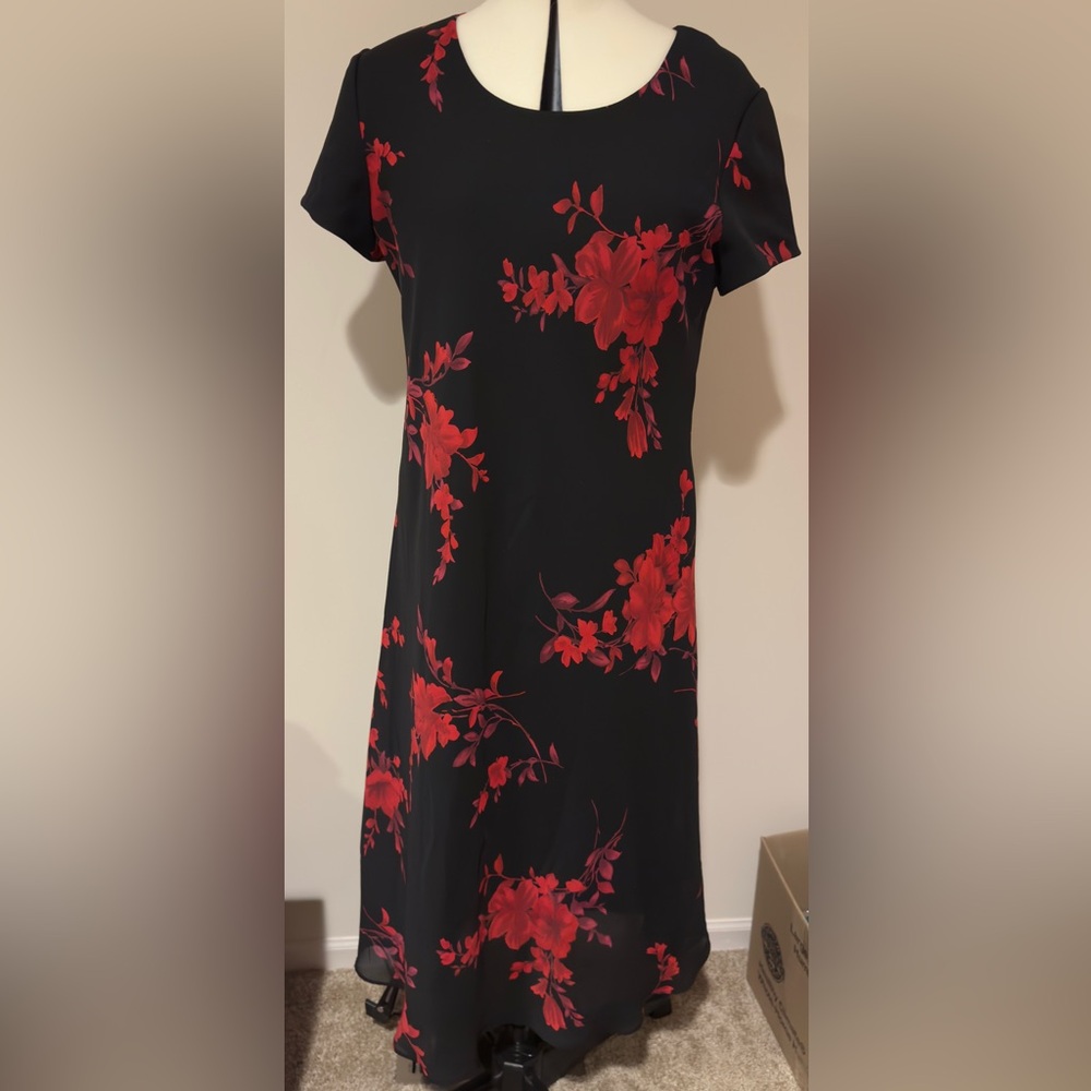 Vintage Black Red Floral Chiffon Overlay Midi Dress Petite 14P